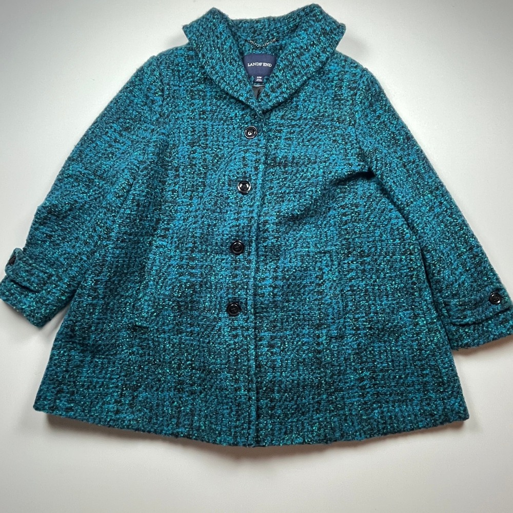 Lands End Boucle Wool Blend Swing Coat Size 22W Teal Shawl Collar A-Line Jacket